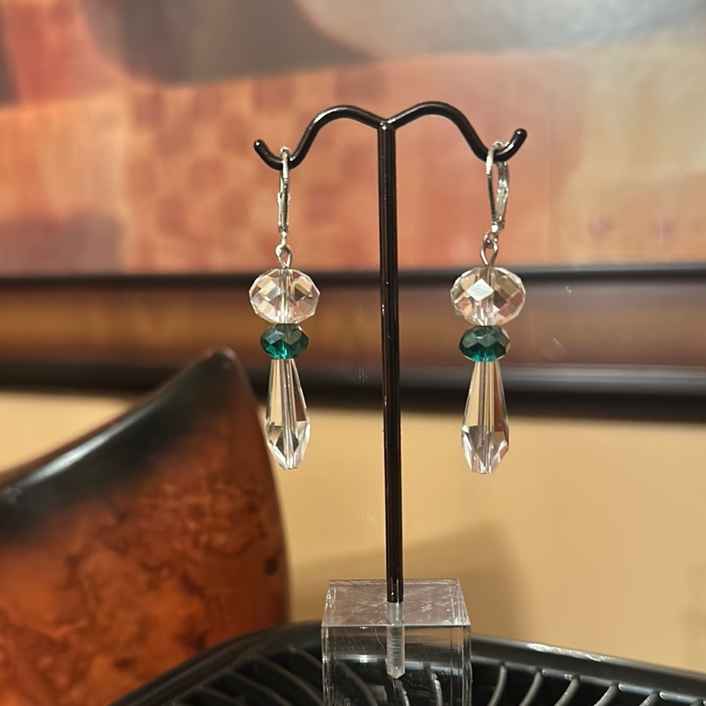 Silver and Green Teardrop Earrings with Crystal Accents